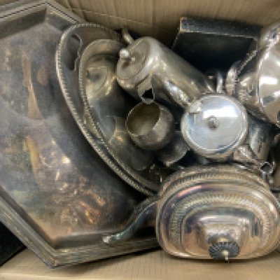 A box of silver plated items along with some plated cutlery.