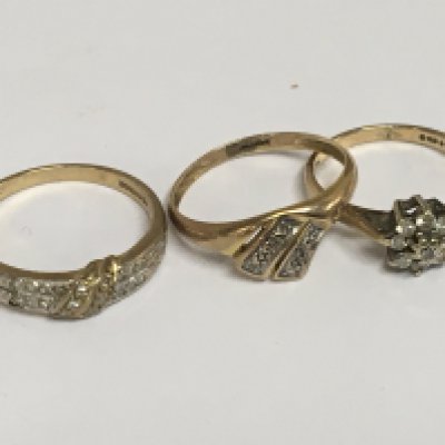 Three 9carat gold rings set with small diamonds and CZ weight 5g