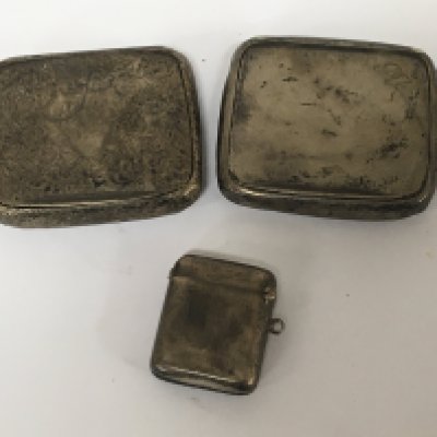 Two Silver tobacco boxes with hinged lids and a silver vesta case weight 200g approximately (3)