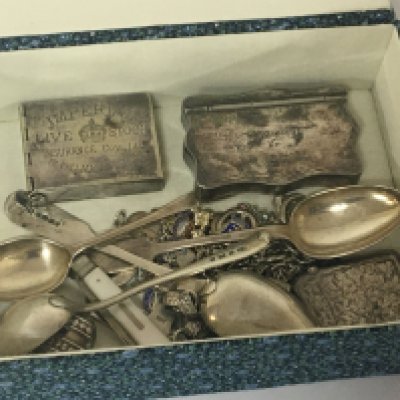 A collection of silver comprising spoons Vesta cases tobacco box and other items including a silver plated Imperial Insurance advertising Vesta a silver table spoon Exeter1824 hallmarks and other oddments.
