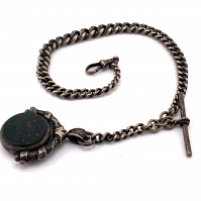 A heavy hallmarked silver albert chain with attached bloodstone fob. (A)