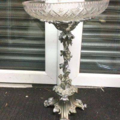 A large silver plated centrepiece with elaborate fruiting vine decoration, approx total height 54cm. Shipping category D.