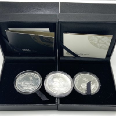 3 South African mint 1OZ fine silver Kruggerand coins (2 cased). 2017,2018,2019 (B)