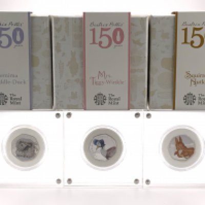 3 cased 150th Anniversary of Beatrix potter 2016 UK Silver proof coins including Squirrel Nutkin, Mrs Tiggy Winkle, Jemima Puddle Duck, together with later editions 2017 Tom Kitten Silver proof 50p, 2018 Mrs Tittle mouse and Flopsy Bunny silver proof 50p coins. (B)