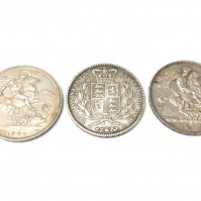 Three silver crowns, 1845 Young Head Victoria, 1893 and 1902. Postage category a