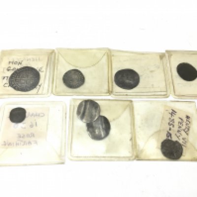 A collection of hammered coins, Elizabeth I 1576, Charles I farthings, Henry Vii penny. Postage category a