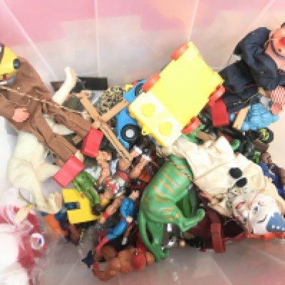 A Box Containing Playworn Toys. Includes The A-Team. Masters Of The Universe. Teenage Mutant Hero Turtles. Pelham Puppets. Etc.
