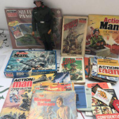 A Vintage Palitoy Action Man With Books. Comics And A Collection Of Accessories. No Reserve.