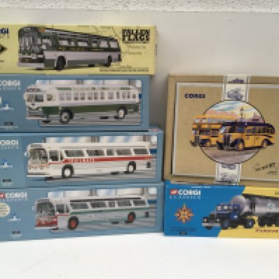 A collection of 6 boxed Corgi Classics mostly coaches but includes a tanker. No reserve