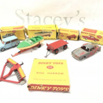 5 Boxed Playworn Dinky Toy. Boxes Are Worn. A Austin Seven #199. A Healey Sports Boat On Trailer #796. A Trailer #429. A Alfa Romeo 1900 #185 And A Disc Harrow #322. No Reserve.