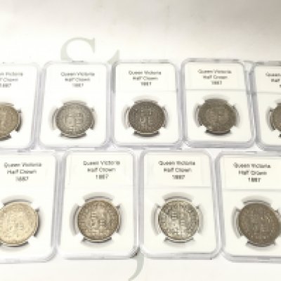 9 British 1887 silver Queen Victoria half crown coins . Postage category A