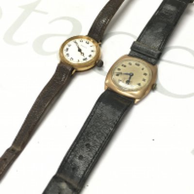 Two vintage gold cased gents watches with leather straps, one Mappin with a cracked dial. 9 and 18ct carat. Postage category B