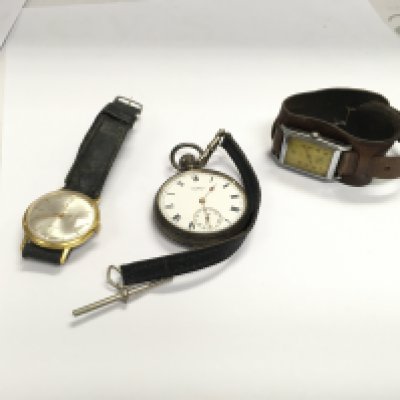 Three gents watches including a Waltham pocket watch.