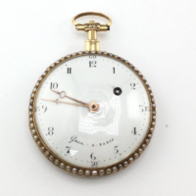 Guex Paris 18ct seed pearl set pocket watch circa 1790 verge escapement movement. Seen running. Approximately 50mm diameter