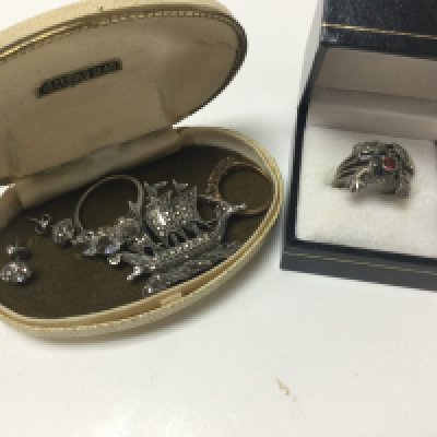 A small collection of stone set silver items and a 9ct gold ring.