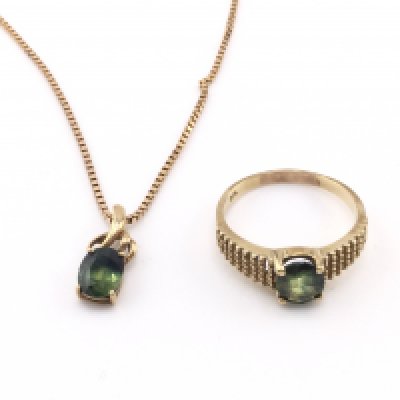 A 9ct Tourmaline ring and necklace. Ring is size P and total weight 5.87g
