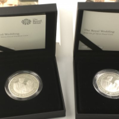 Harry and Megan royal wedding silver proof coin and a silver proof piedfort coin. Also a Prince Philip silver proof coin. Postage B