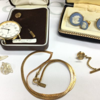 A Gold plated necklace, tie pin , Bulova quartz watch (no strap) ,Wedgwood Stratton cufflinks with original box, 9 carat gold pin, silver Maltese cross earring, Mediana watch. Postage category B NO RESERVE