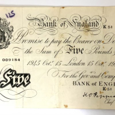 Bank of England White &#20132660835 note, Cheif Cashier K.O Peppiatt, 15th Oct 1945, K51 009184. pen marks, stains. NO RESERVE