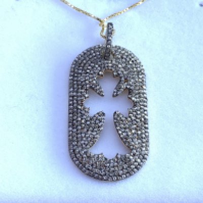 Diamond set cluster open cross pendant in yellow metal on a gold plated silver chain, boxed. Diamonds 2.47ct. Postage category A.