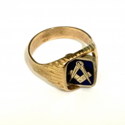 A gents 9ct gold and blue enamel Masonic spinner ring. R.5, 5.5g (A).