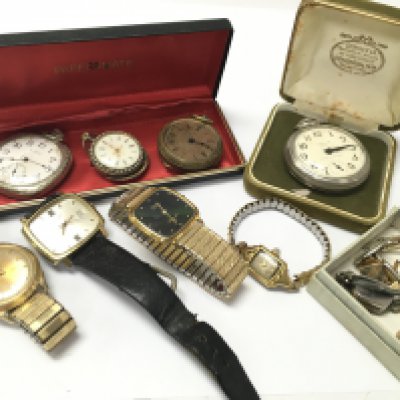 A collection of wrist watches, pocket watches including a small silver cased pocket watch with seed pearl design, cufflinks etc