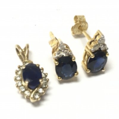 9ct gold sapphire and diamond pendant and earring set, 2.9g total weight. Postage category A