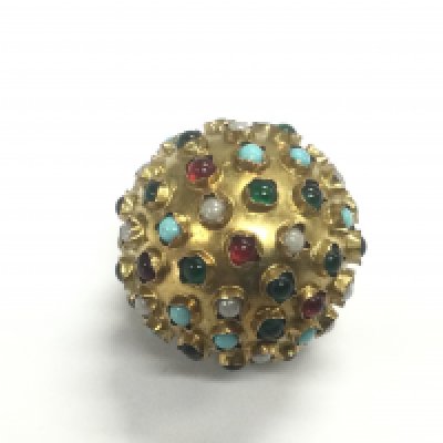 A 9ct gold ball pendant set with turquoise, pearl, ruby and green stones, approx 5.8g. Shipping category A.