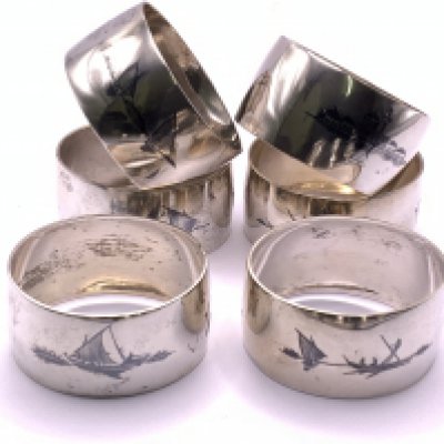 6 Silver niello decorated napkin rings (A)