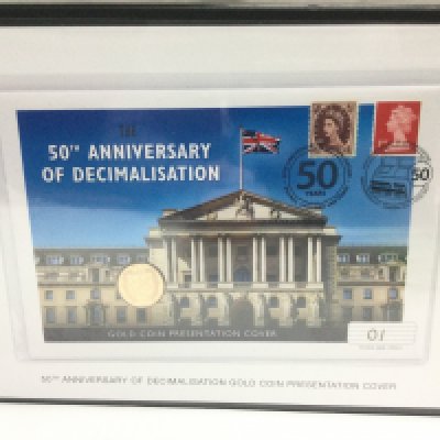 A limited edition 50th anniversary of decimalisation gold coin presentation cover. Shipping category A.