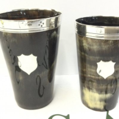 A pair of Victorian horn and silver beakers 11 & 11.5cm tall. Marked Fisher 188 Strand. Postage category B