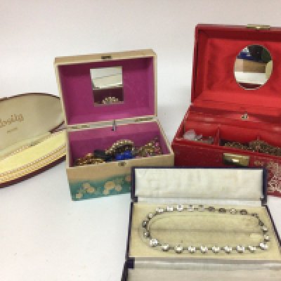 A collection of costume jewellery including a cased vintage crystal necklace brooches and a long guard chain and other ornaments.