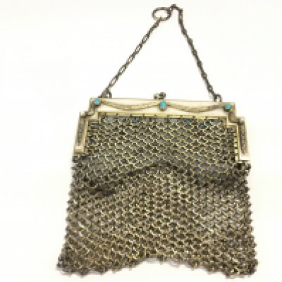 A quality silver early 20th century ladies purse with turquoise, enamel and seed pearls. 10.5cm wide. Postage A