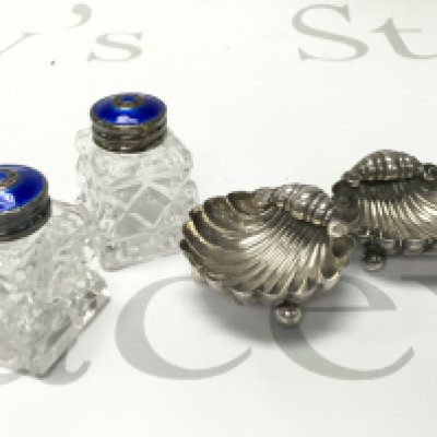 Silver and enamelled pepper pots and two silver salts, this lot cannot be posted