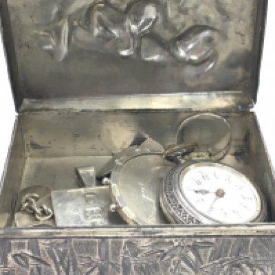 Mixed silver jewellery including pendants, cufflinks, a ring, Victoria silver coin etc with a Iris flower design box. Postage category a