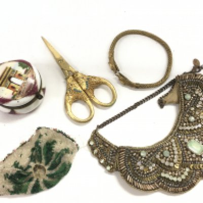 Victorian necklace, gilded scissors, serpent bangle and a small round porcelain Paris trinket box. This lot cannot be posted