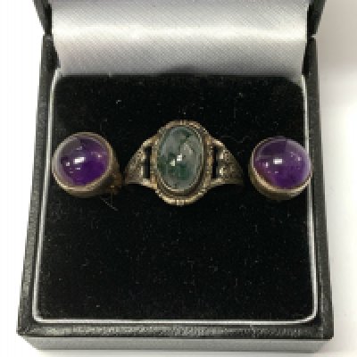 A pair of silver and amethyst studs together with a Sterling silver and moss agate set ring.