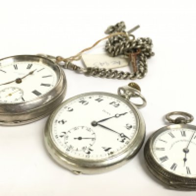 Pocket watches including a silver hallmarked Fattorini & Sons watch with silver chain, a small silver pocket watch and a Doxa. This lot cannot be posted