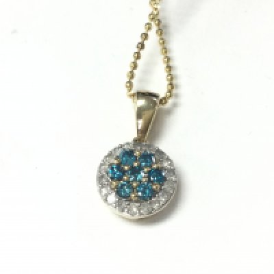 A 9ct yellow and white gold round cluster pendant set with blue and white diamonds on a gold plated silver chain. Diamonds approximately 0.40ct.