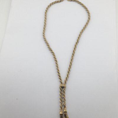 A Quality 9carat gold necklace rope chain with intertwined white gold and tassel ends. 21.5g