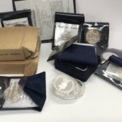 A collection of silver proof coins and one small half gram gold coin.