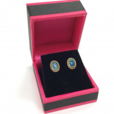 A pair of 9ct gold earrings set with opal doublet. Postage category A