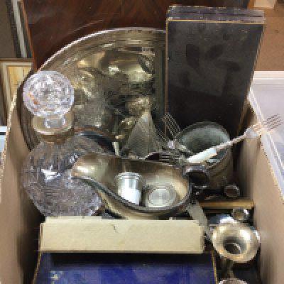 A collections of silver plate items including some silver hallmarked including cutlery and a cut glass decanter. This lot cannot be posted