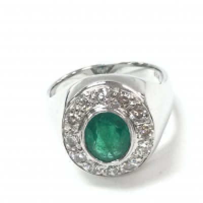 A weighty 18ct white gold emerald and diamond dinner ring with certificate. Oval emerald 1.70ct diamonds 0.60ct. Size Q and 13g. Postage B