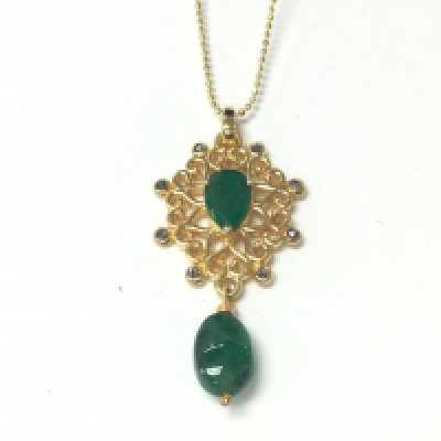 Fancy pendant in yellow metal set with diamonds and a pear shaped emerald. A suspected polished emerald. Emeralds 1.75ct approx and 0.08ct diamonds approx.