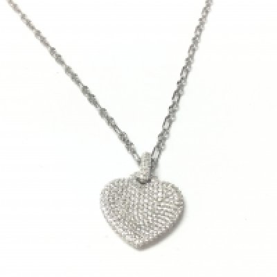 A silver necklace with a heart shaped pave-set CZ with filigree patterned back on 16 inch belcher style silver chain. Postage A