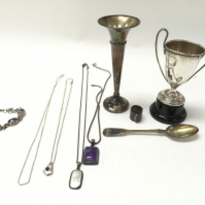 A small collection of assorted silver items including jewellery trophy etc. Postage B