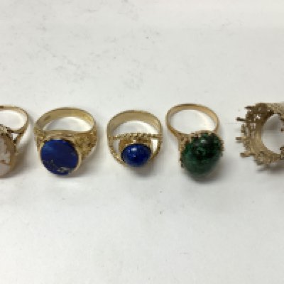 Five 9ct gold stone set rings. Approx 27.99g, Postage category A. Left to right ring sizes approximately - N/O, Q, M, N/O, P/Q.