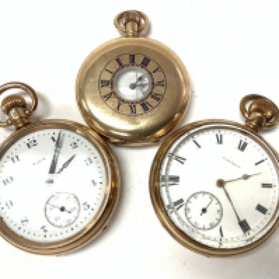 3 gold plated pocket watches including half hunter example. Postage category A.