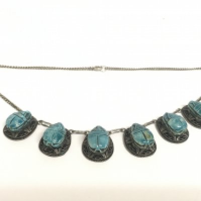 Egyptian style silver faience scarab necklace. Postage category A- NO RESERVE